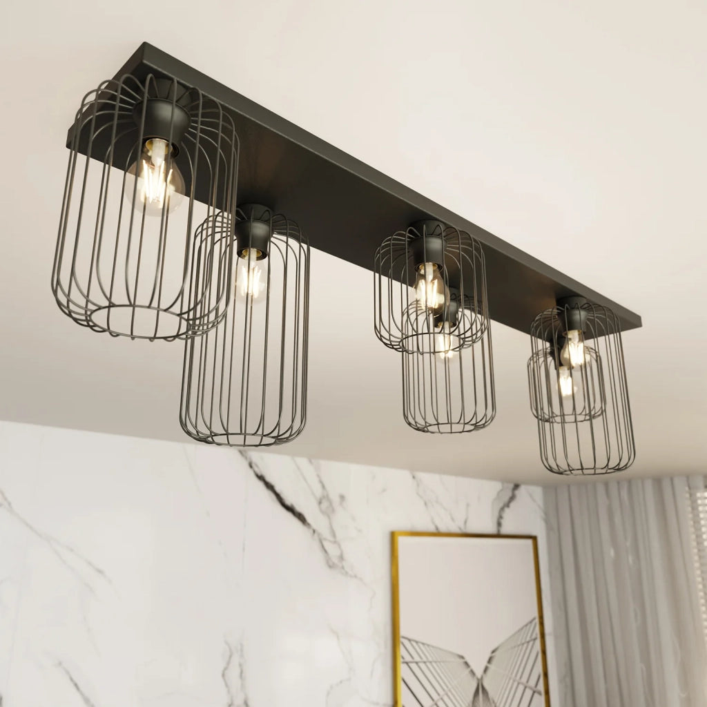 Plafonriera Minimal Industrial Vulcano 6 Luci Lineari Nera