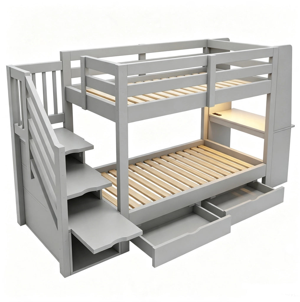 Letto a soppalco ULEVR 90x200 cm con scrivania, libreria, scala contenitore, LED e 2 cassetti, grigio