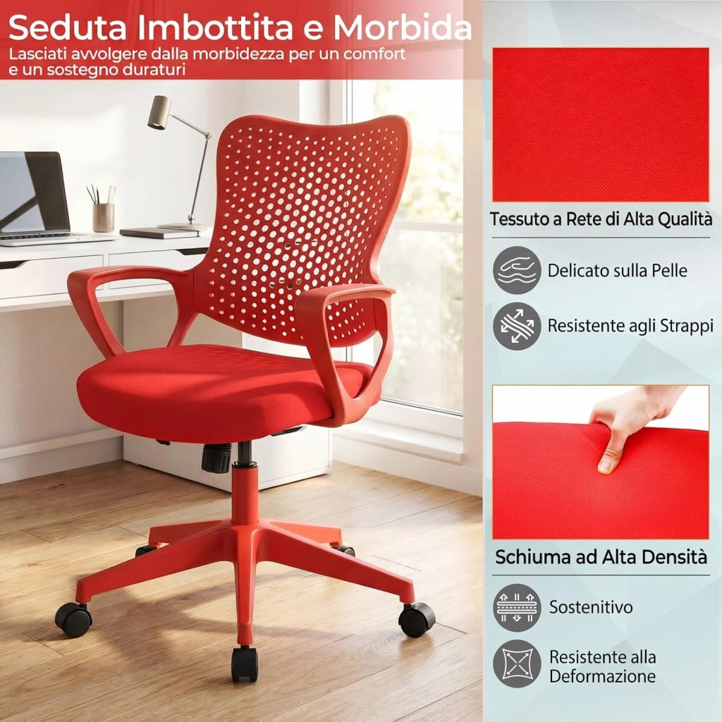 Sedia da Ufficio Ergonomica, con Schienale Reclinabile, Regolabile in Altezza, Sedia Scrivania con Seduta Girevole 360°e Ruote per Ufficio, Studio e Soggiorno, Portata 150 kg (Rosso)