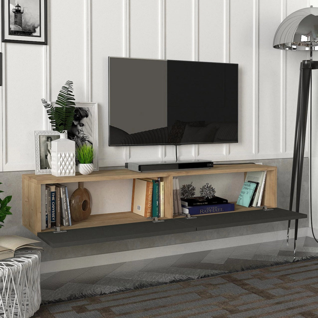 Mobile TV da Parete Toivakka con 2 Ante a Ribalta 135 x 31 x 25 cm Effetto Rovere / Antracite [en.casa]