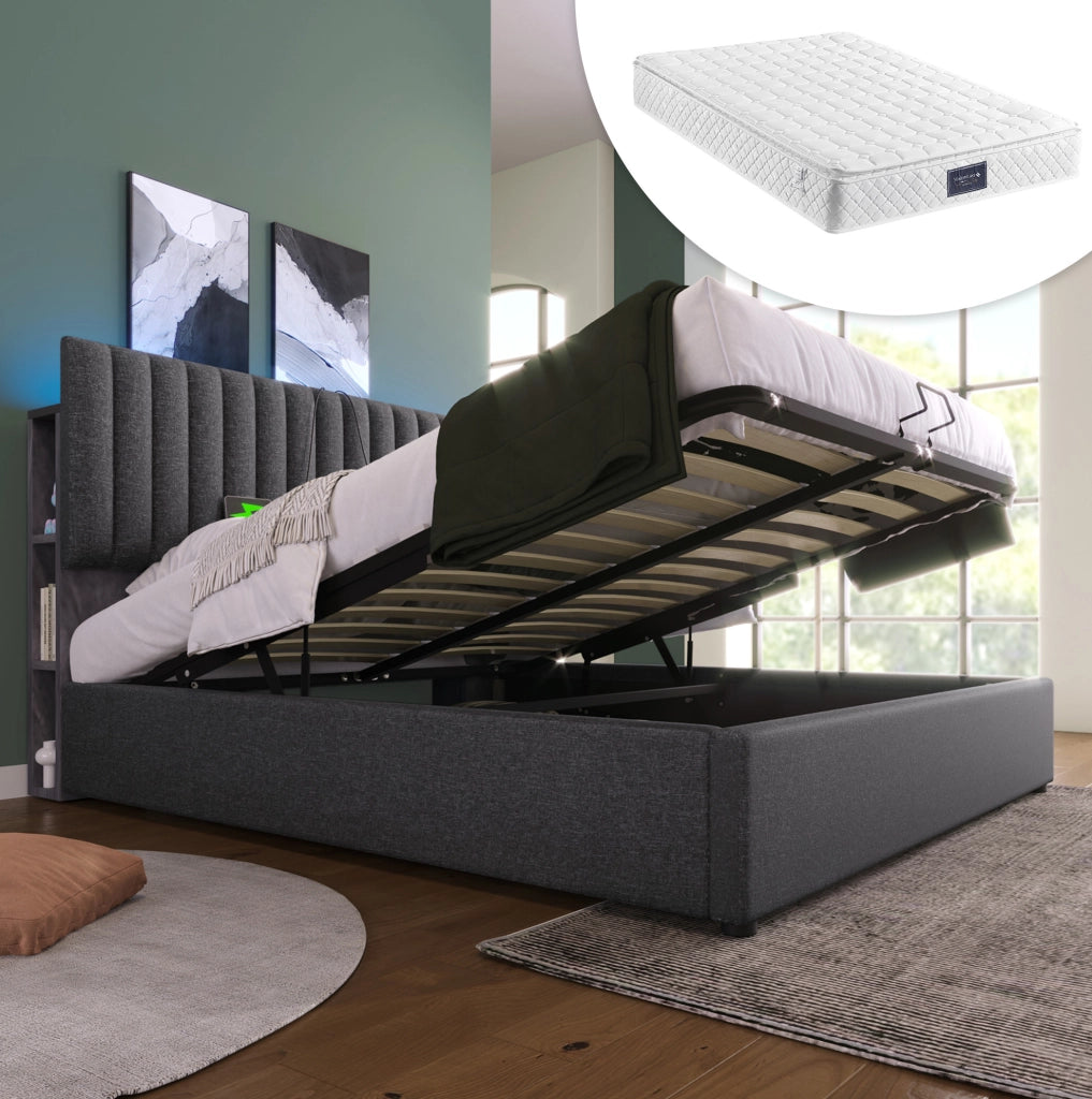 Letto matrimoniale 140x200 cm con LED, USB-C e materasso H3