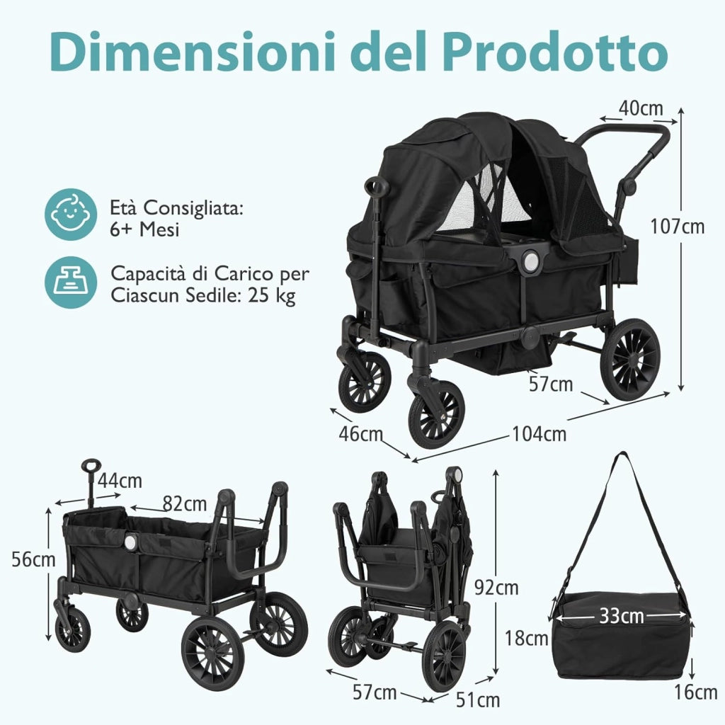 Passeggino Doppio Pieghevole, Passeggino Gemellare con Manico Regolabile, Tettuccio Rimovibile, Portabicchieri, per Bambini da 6+ Mesi, 104 x 57 x 107 cm (Nero)