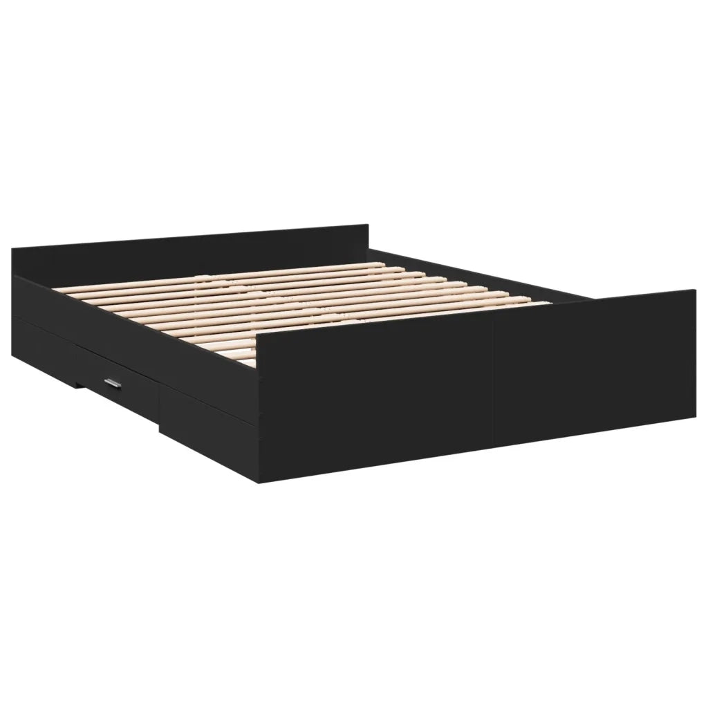 Letto matrimoniale | Letto per adulti | Giroletto con Cassetti Nero 150x200 cm in Legno Multistrato