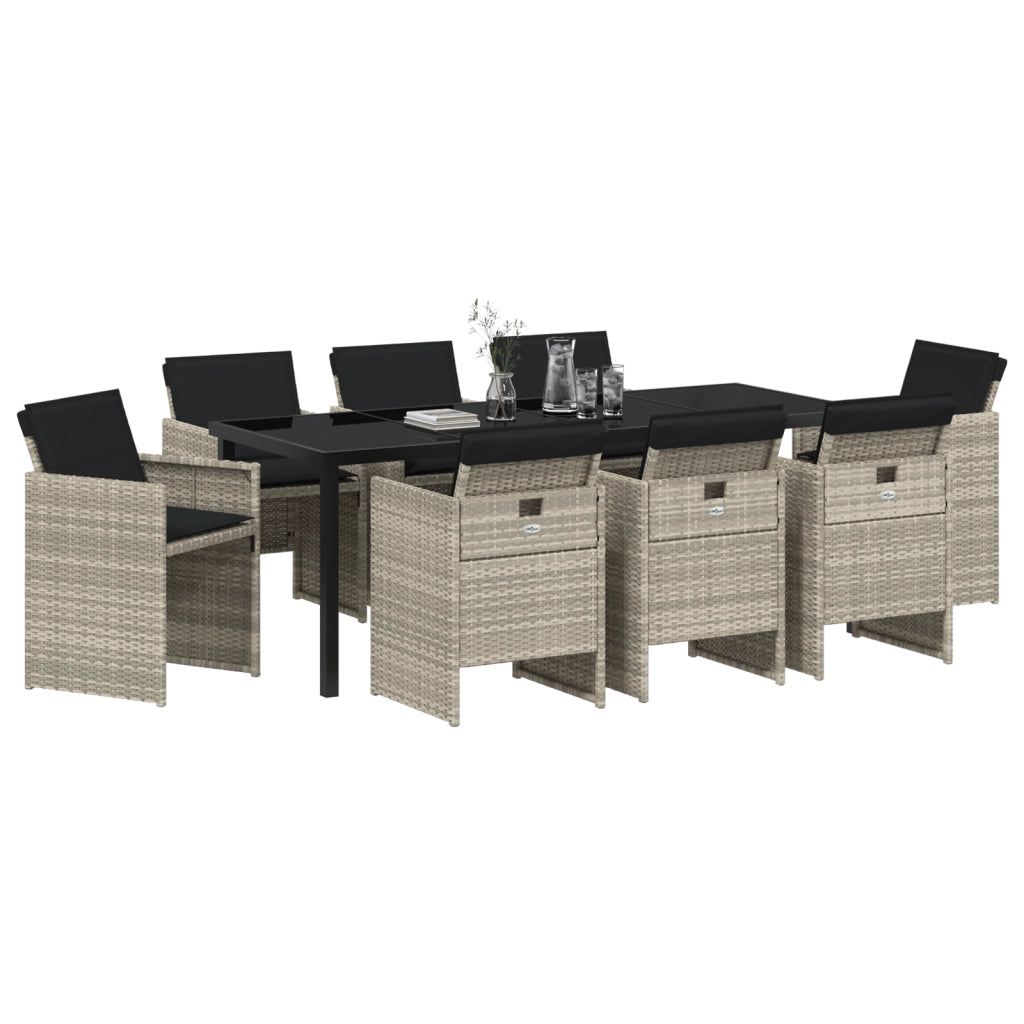 Set da Pranzo Giardino 9 Pezzi con Cuscini Grigio Chiaro Rattan Poliestere
