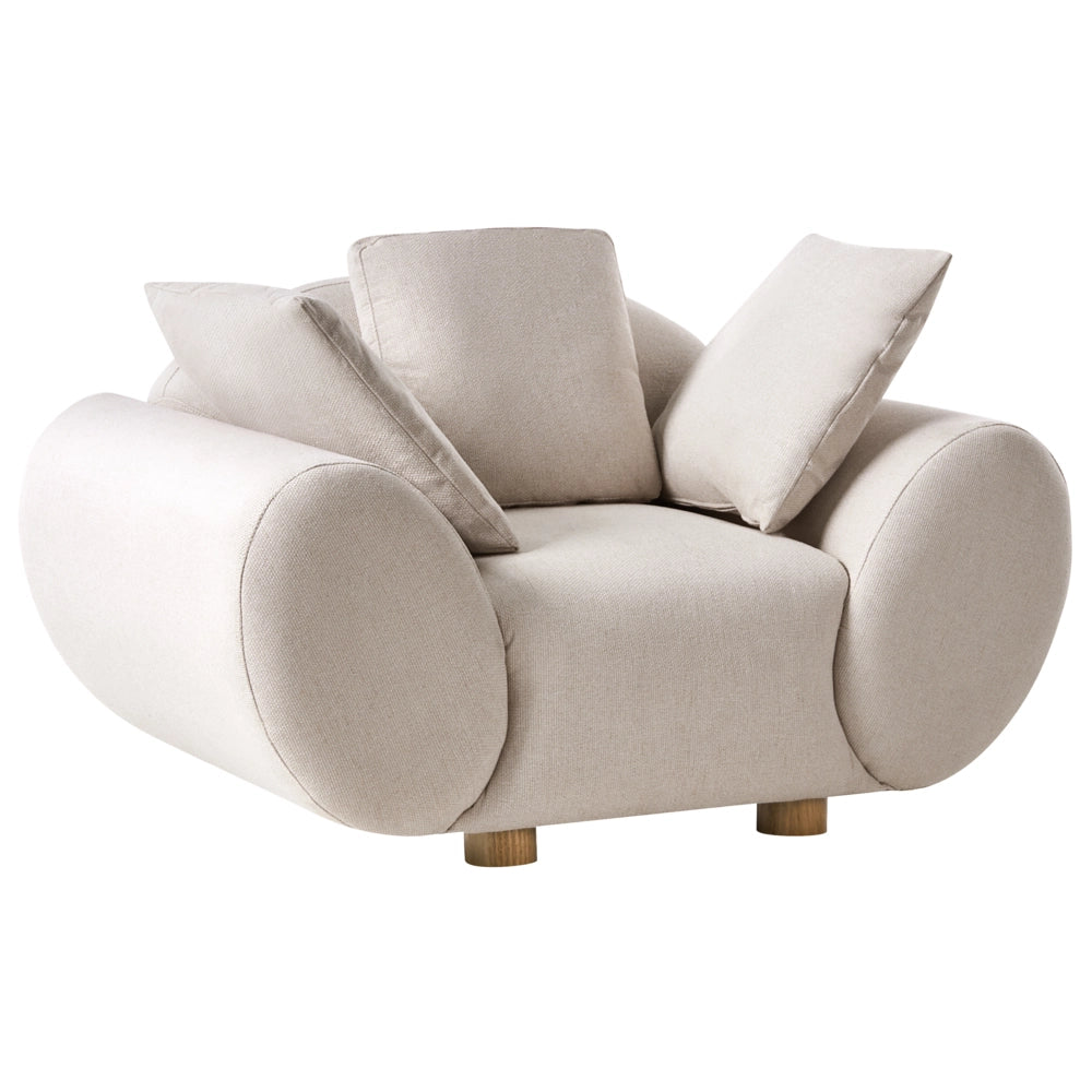 Poltrona imbottita moderna per appartamento Gambe in legno di gomma Schienale imbottito in tessuto intrecciato Beige chiaro