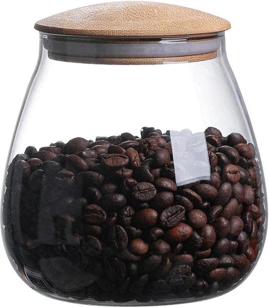 Bottiglia di Vetro per Conservazione con Coperchio in Legno - 800ML - Alta Borosilicato - Vaschetta di Cucina Translucida per Fagioli e Riso.
