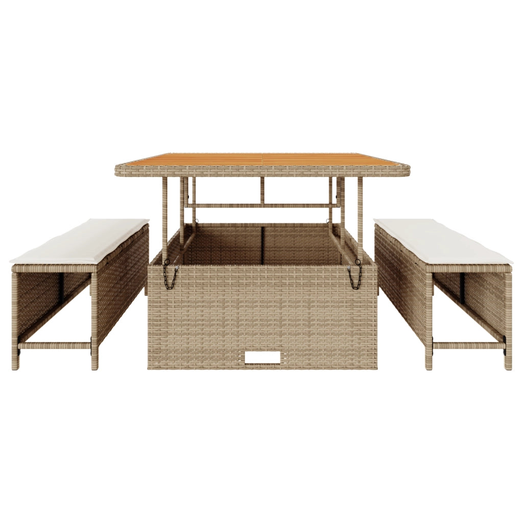 Set da pranzo da giardino 3 pezzi con cuscini in polyrattan beige e acacia