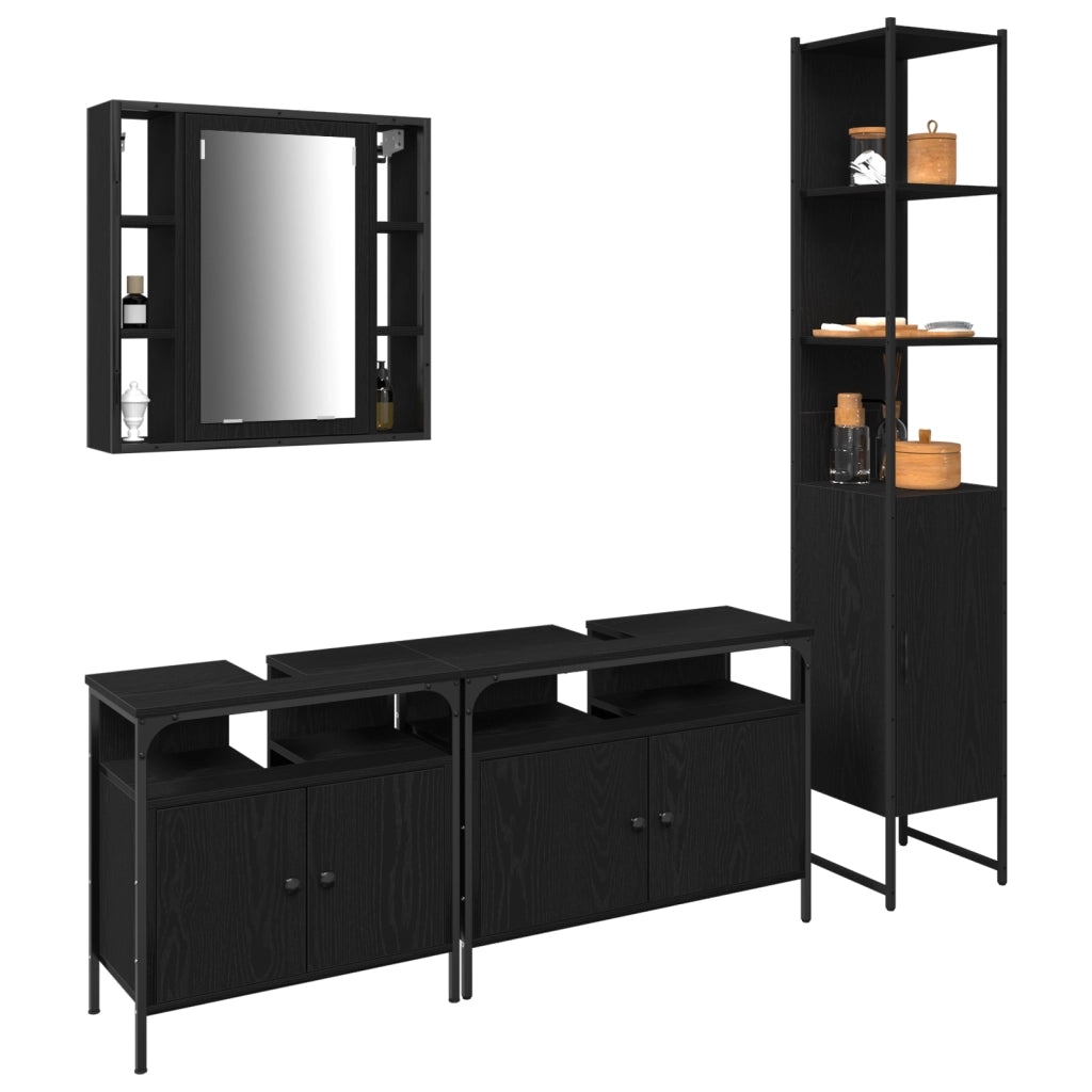 Set di Mobili per Bagno di 4 Pezzi in Rovere Nero e Legno Ingegnerizzato