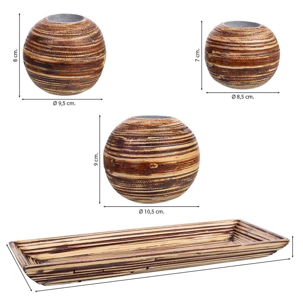 Set vassoio e 3 portacandele in legno di bambù marrone 33x13x3h cm