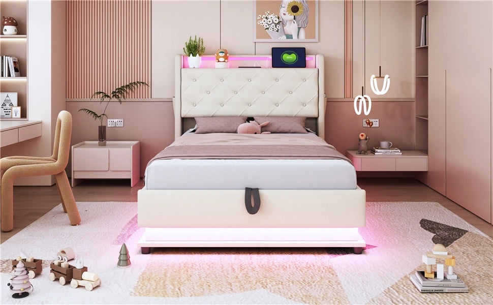 DESMIU Letto bambino 90 × 200 cm 1 piazza con contenitore, LED regolabili, USB e Type-C, senza materasso, lino beige