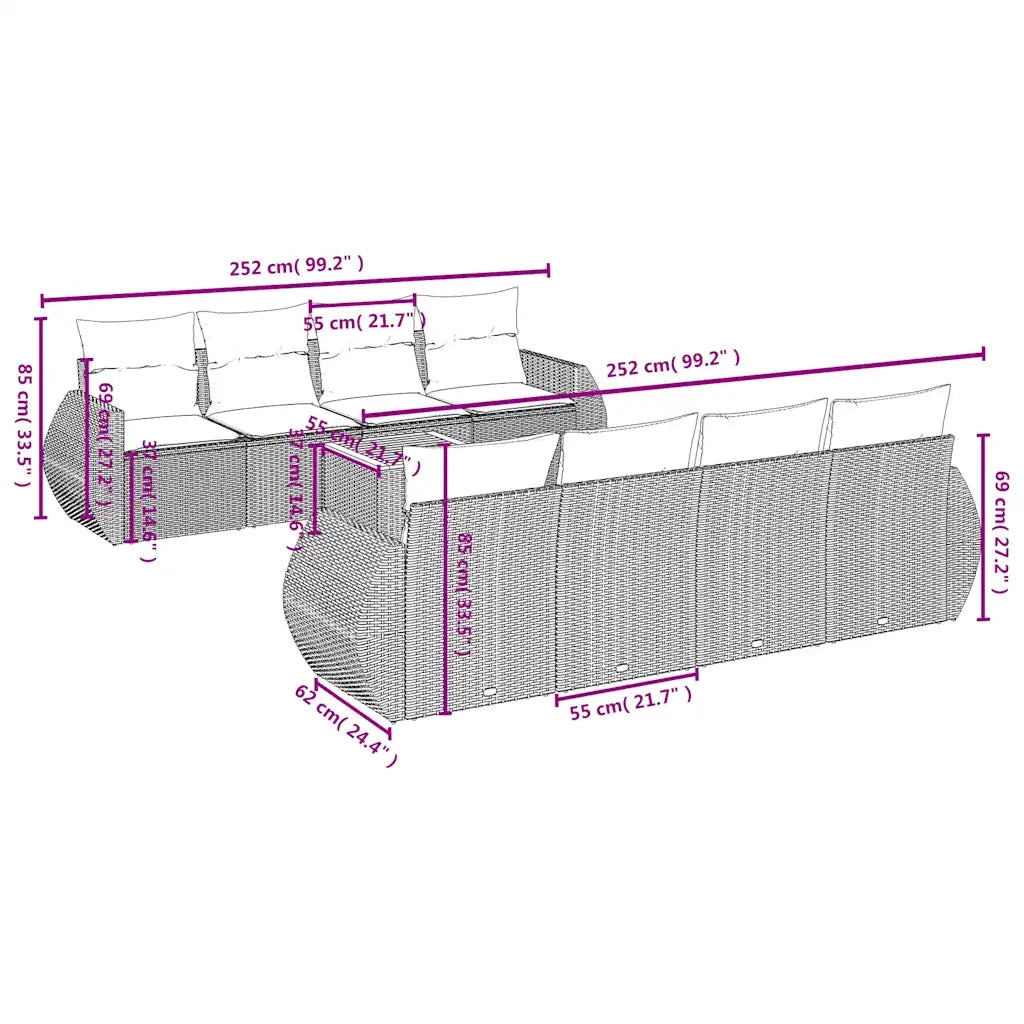 Set Divani da Giardino 9 pz con Cuscini Grigio in Polyrattan 3224927