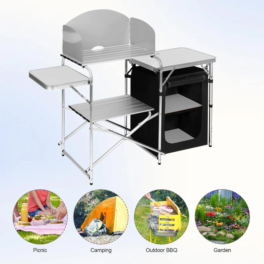 Mobile Cucina da Campeggio Tavolo Pieghevole da Giardino Armadio da Campeggio Tavolo Campeggio Tavoli a Valigetta da Balcone da Cucina in Alluminio e MDF con Sacca di Trasporto