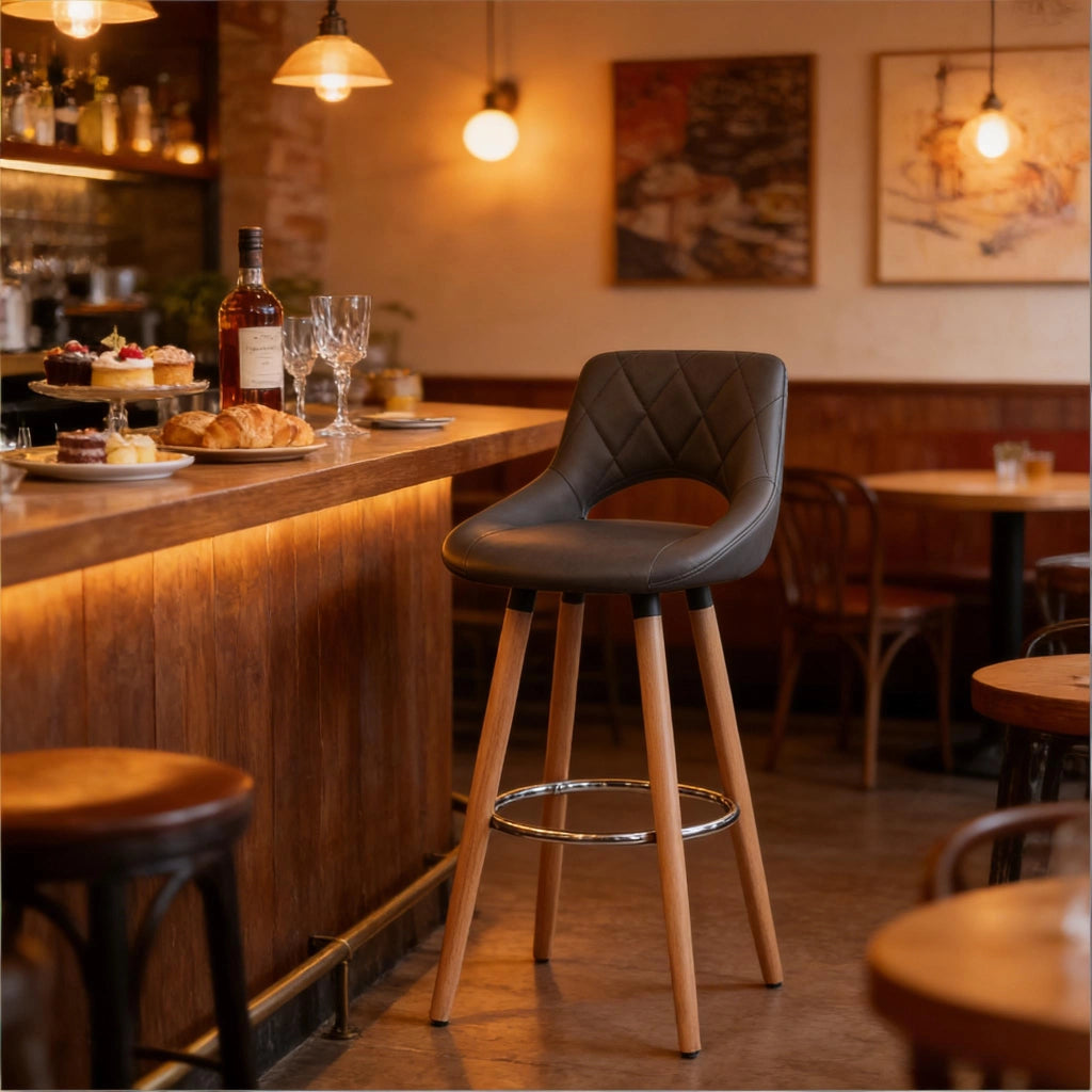 Sgabello bar grigio con schienale, seduta in similpelle e gambe in legno massello, H 91 cm