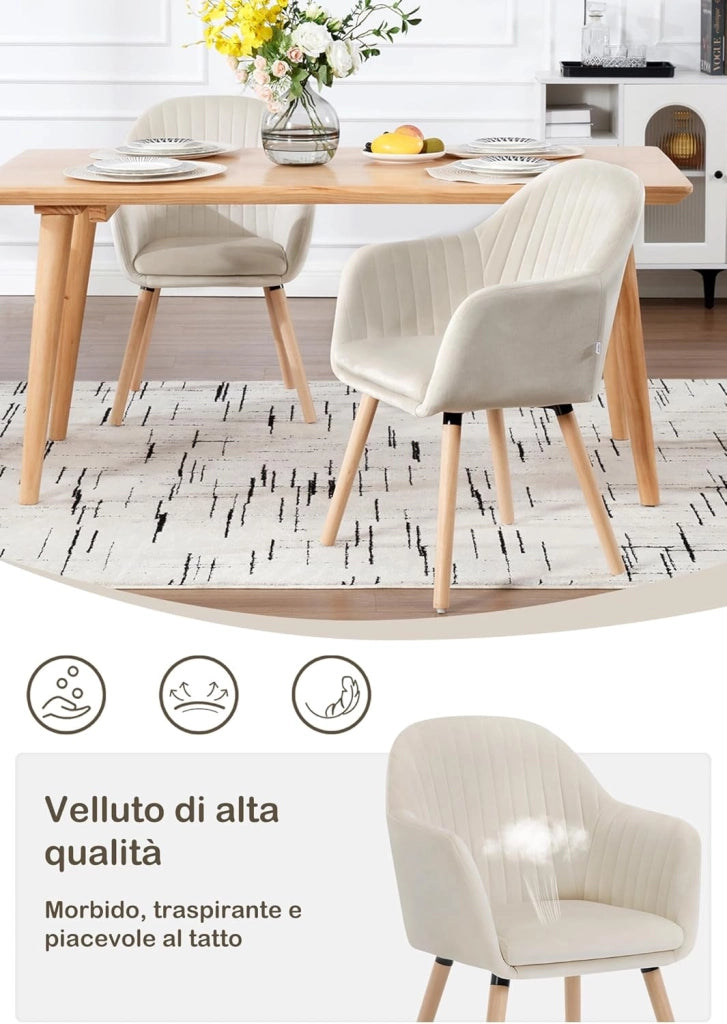1Pz Sedia da Pranzo Poltroncina per Sala D'attesa Cucina Poltrona con Schienale Braccioli Tessuto in Velluto Gambe di Legno Crema BH95cm-1