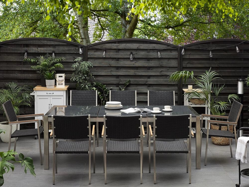 Set da pranzo da giardino Nero con piano in granito grigio sedie in rattan 8 posti 220 x 100 cm