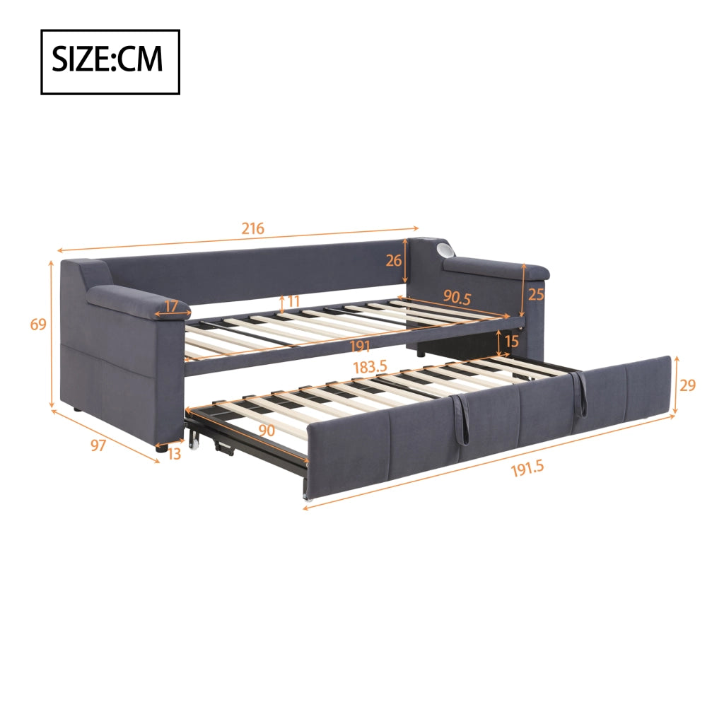 Letto imbottito estraibile matrimoniale 90×190 cm e 180×190 cm con USB; ripiani e Bluetooth; senza materasso; grigio