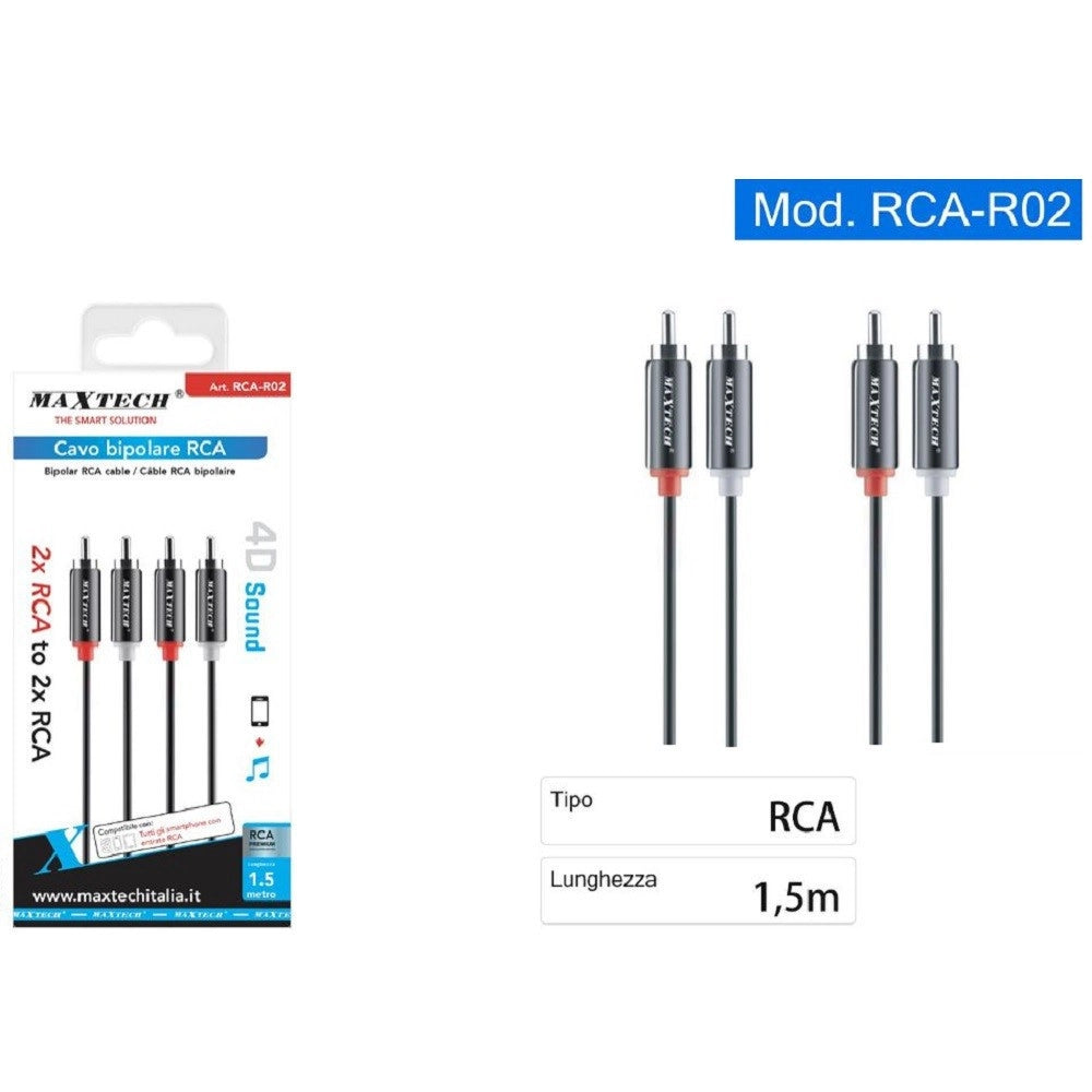 Trade Shop - Cavo Bipolare Rca Audio Video Stereo 2 X Rca Maschio/maschio 1,5 Metri Rca-r02 -