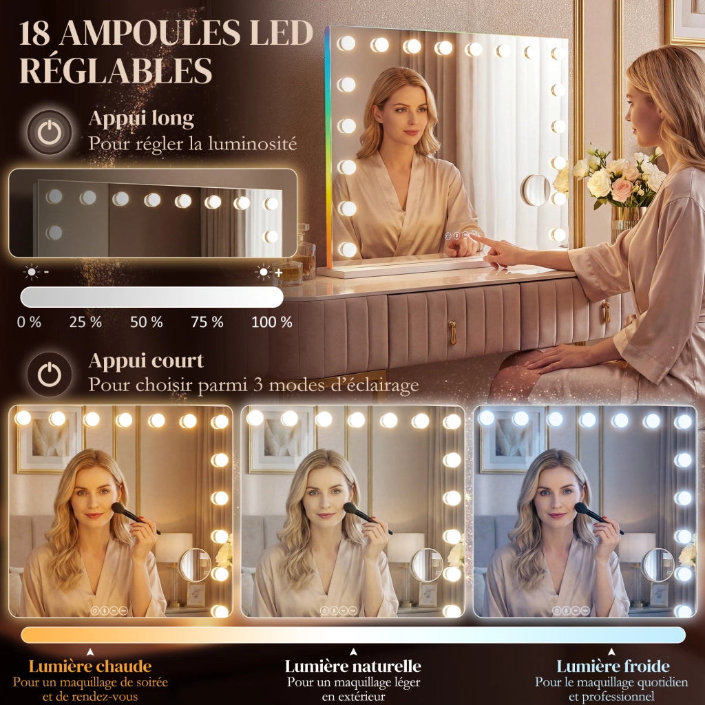 Specchio da Trucco Hollywood con 18 LED, Luce RGB, Bluetooth ¨C zephmum ¨C Bianco
