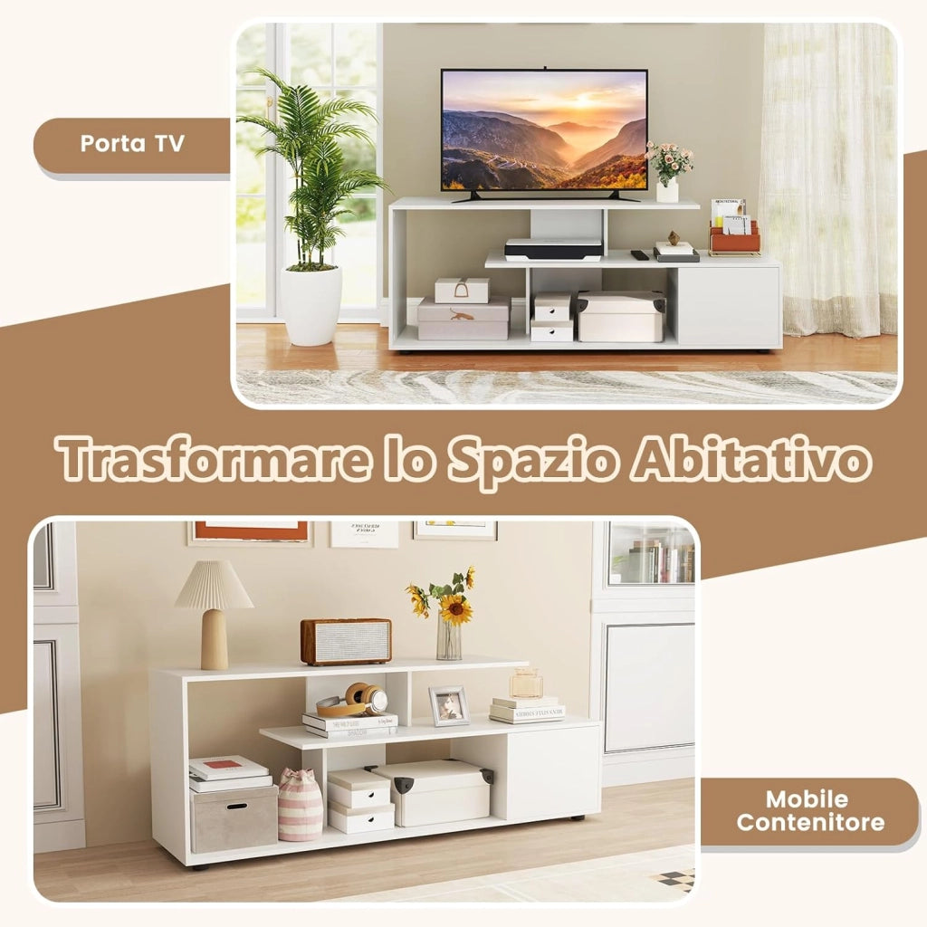 Mobile Porta TV, per TV Fino a 55'', Console Media a 3 Ripiani Asimmetrici con Ripiani di Stoccaggio e Armadietto, Mobile TV con Cassetto, 5 Gambe di Supporto (Bianco)