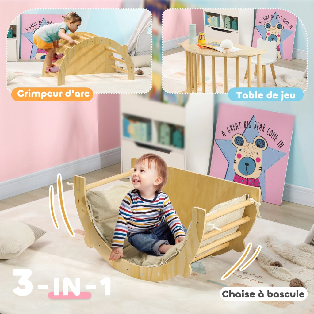 Letto a soppalco con scivolo, dondolo e tavolo gioco ¨C zephmum ¨C legno naturale per bambini