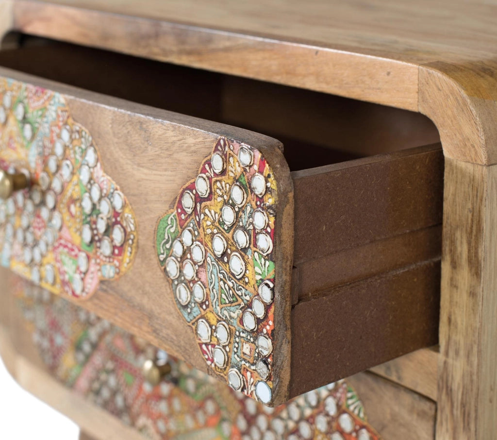 Comodino in legno di mango dipinto a mano con finitura etnica