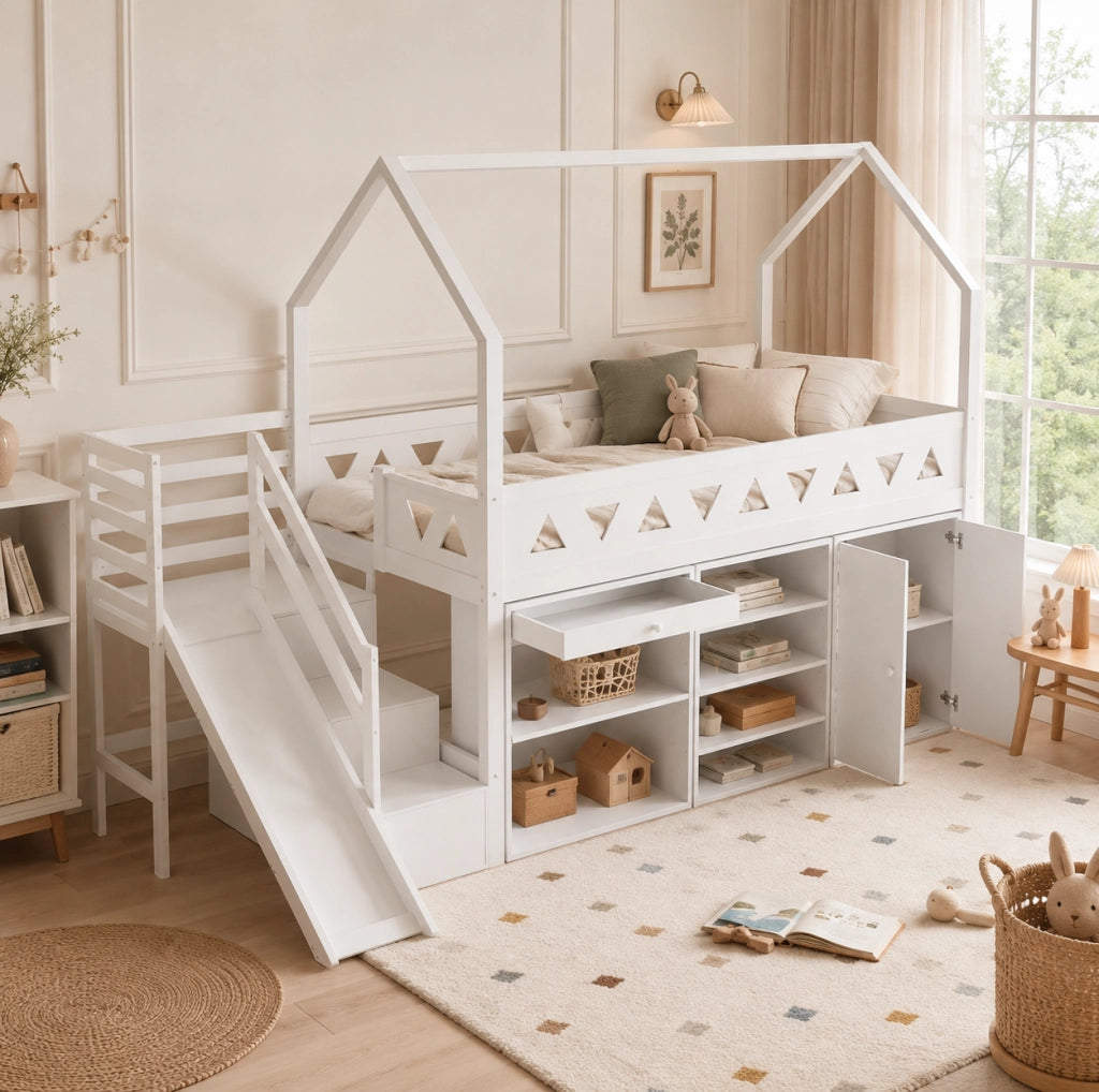 Letto a soppalco per bambini 90x200 cm bianco con scivolo e scale， senza materasso