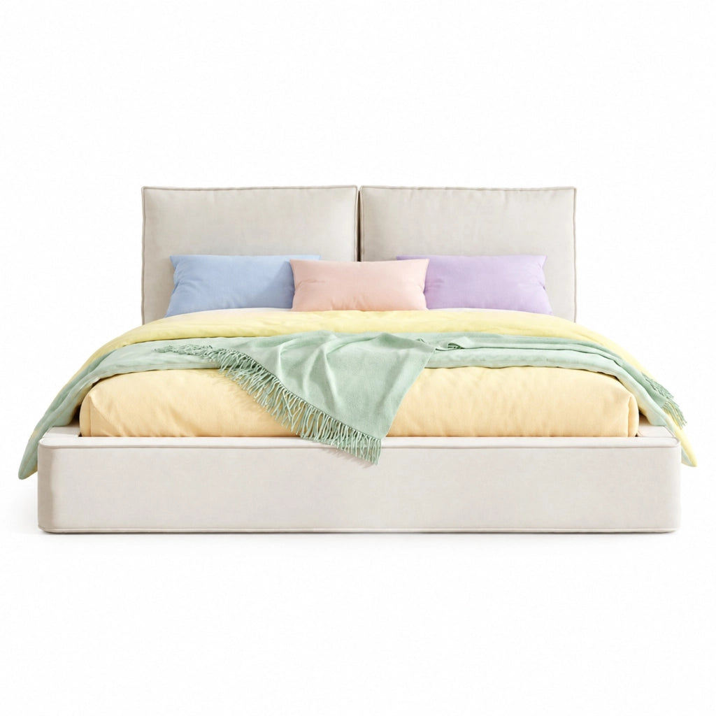 Letto 180 × 200 cm con rete a doghe e testiera imbottita in ciniglia beige
