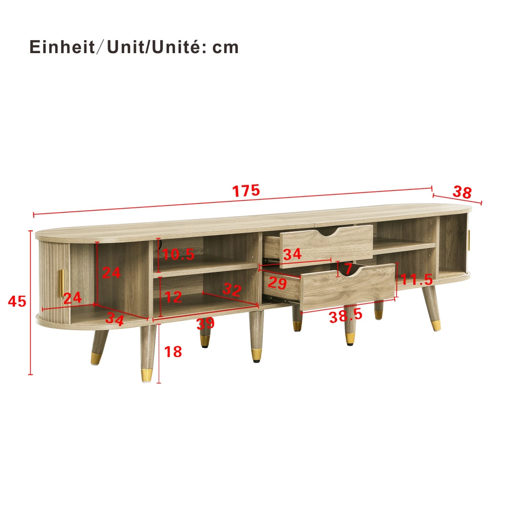 Mobile TV con 2 Ante Scorrevoli; 2 Cassetti e Vani a Giorno; Stile Naturale; 175??38??45 cm; in MDF; Rovere