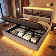 OKWISH Letto Contenitore 140×200 cm, Letto Matrimoniale con LED Regolabile, USB, Tipo C e Vano Idraulico, senza Materasso, in Lino Beige