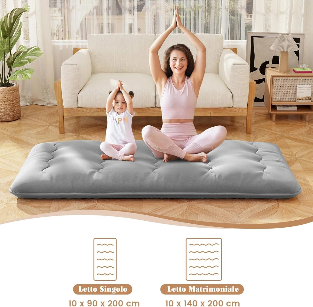Materasso Futon Pieghevole, Materasso Portatile con Sacca da Trasporto per Camping, Materasso da Terra con Copertura Lavabile (Grigio,200 x 90 cm)