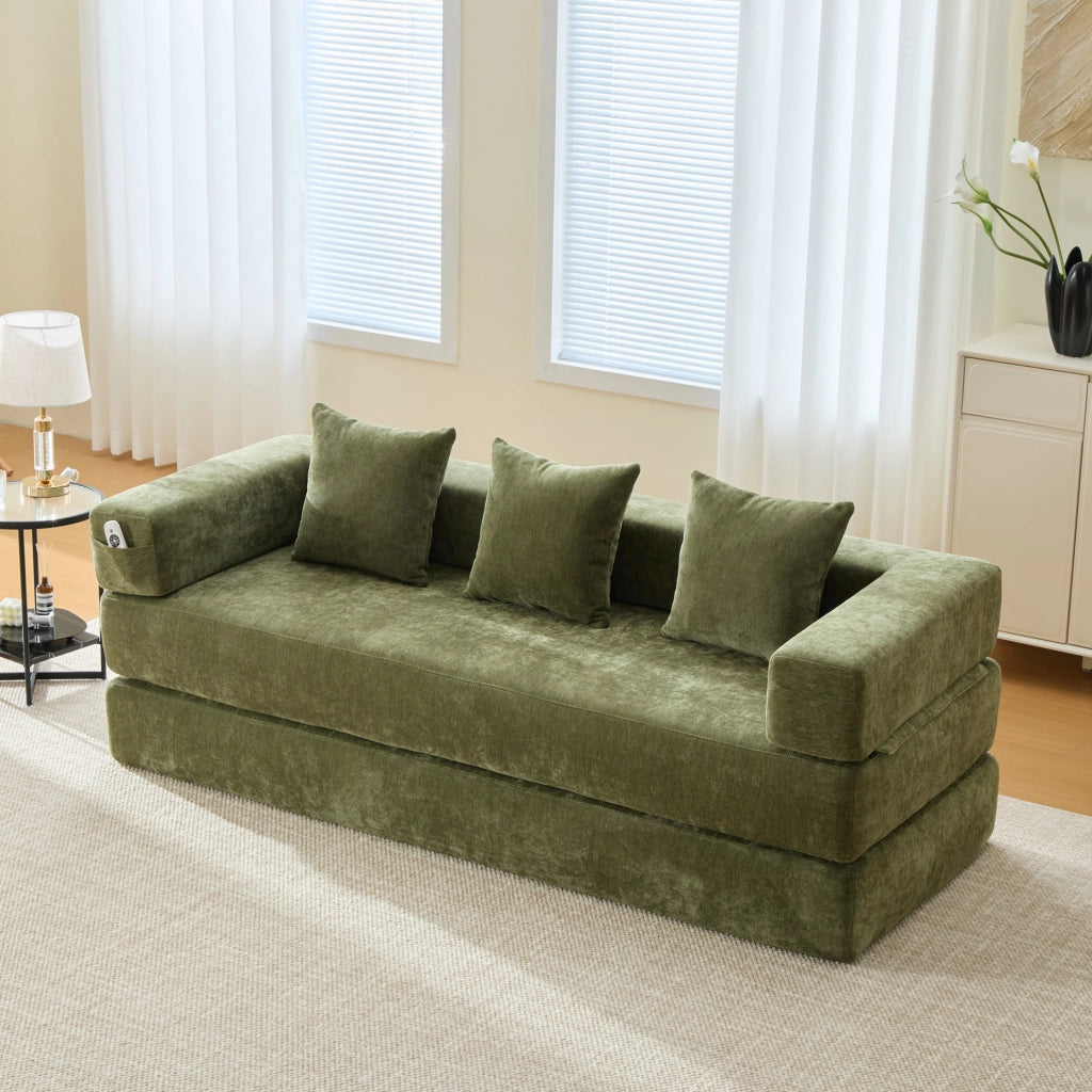 Divano modulare in chenille verde con tasche laterali; 198x79x60 cm; con base antiscivolo