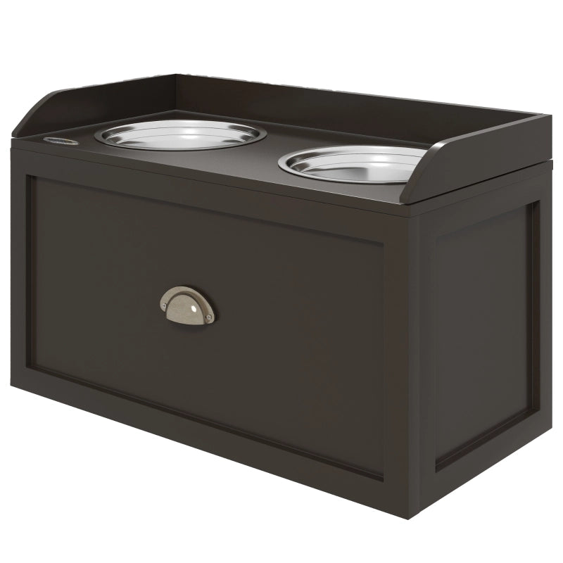 Futterstation rialzata per cani con 2 ciotole in acciaio inox e cassetto, 60 x 30 x 36 cm, marrone