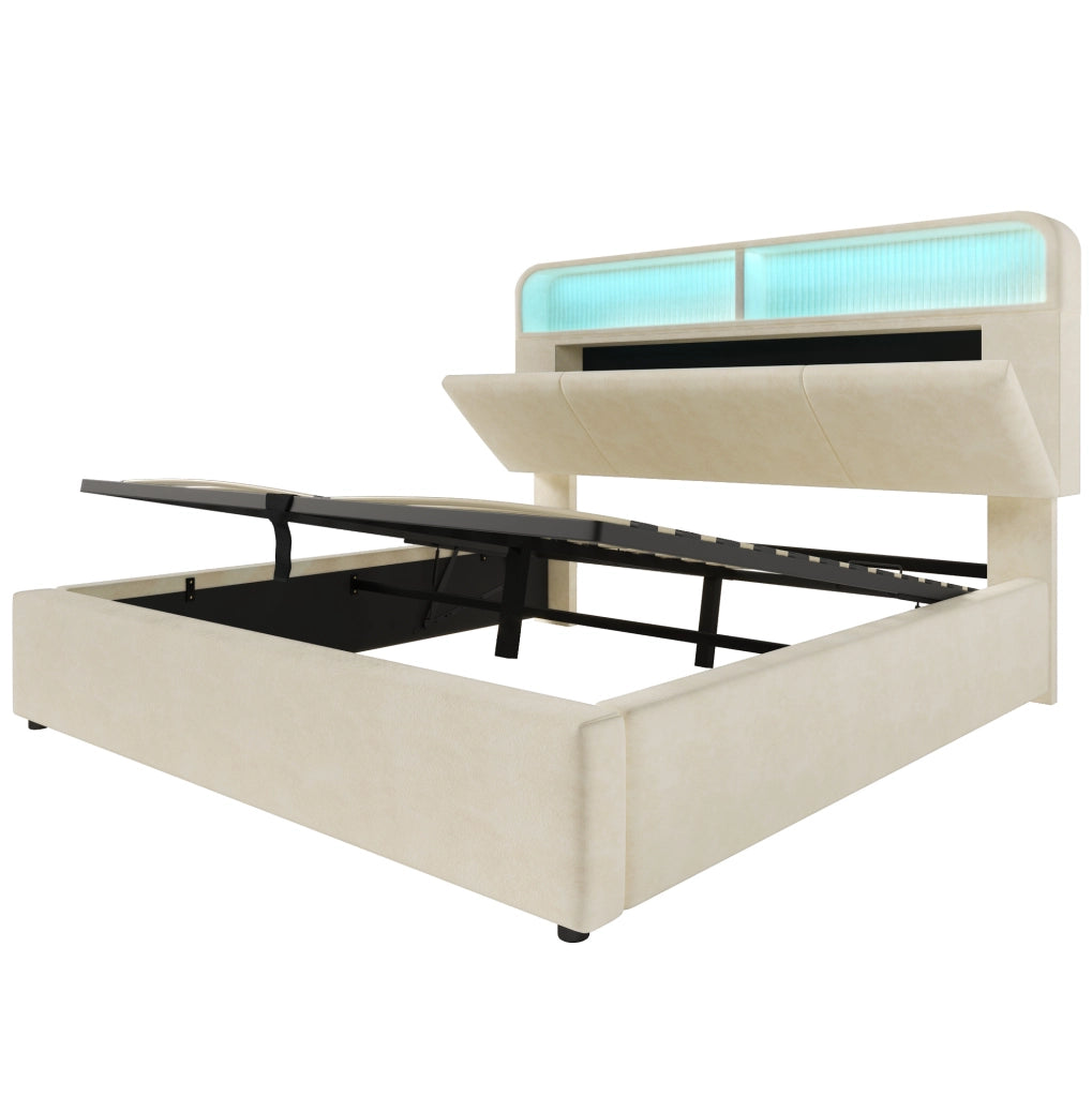 Letto 180x200 cm con contenitore; LED e stazione di ricarica in velluto beige