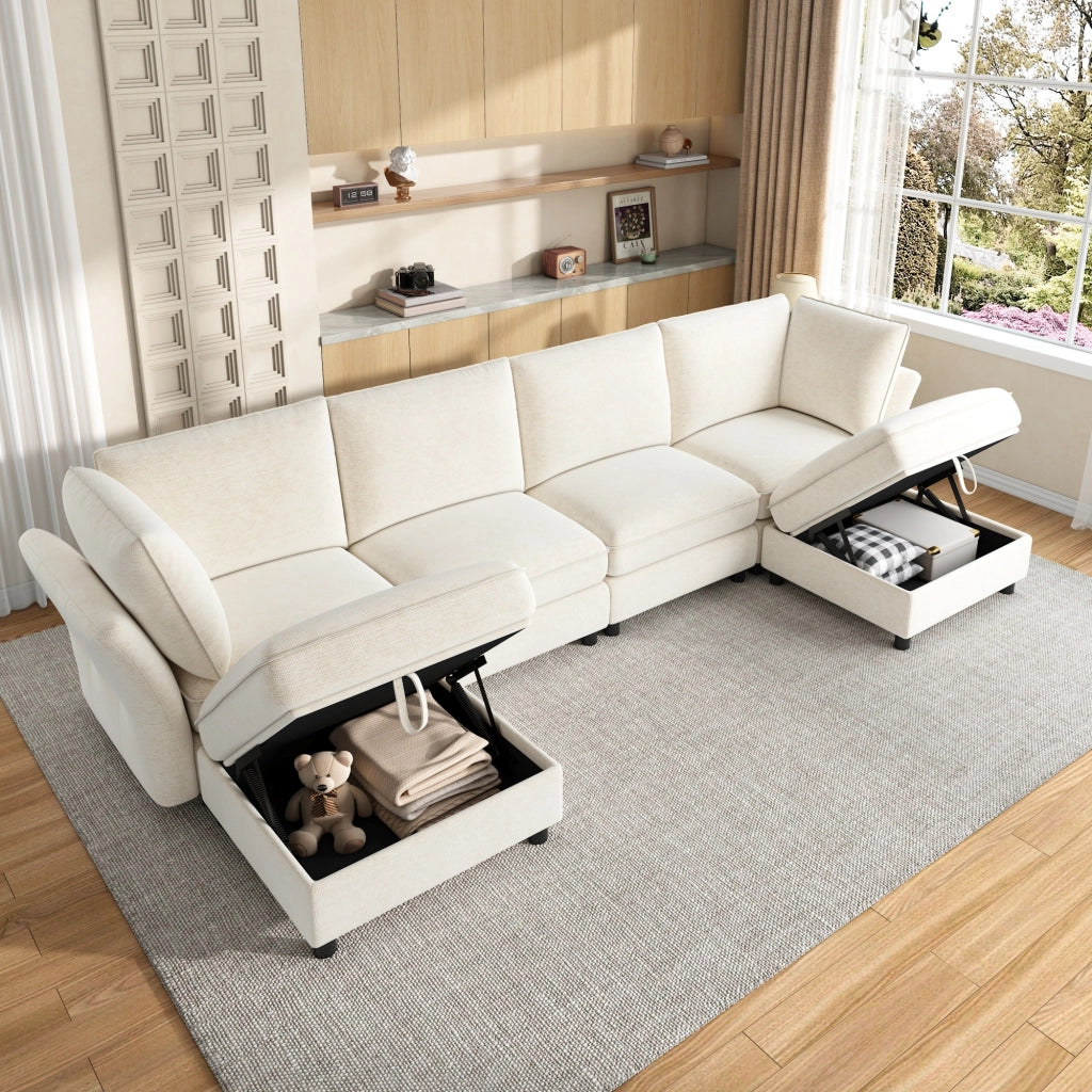 Divano angolare modulare a U con spazio contenitore e cuscini per 6-7 persone, in ciniglia beige, 289 × 137 × 84 cm