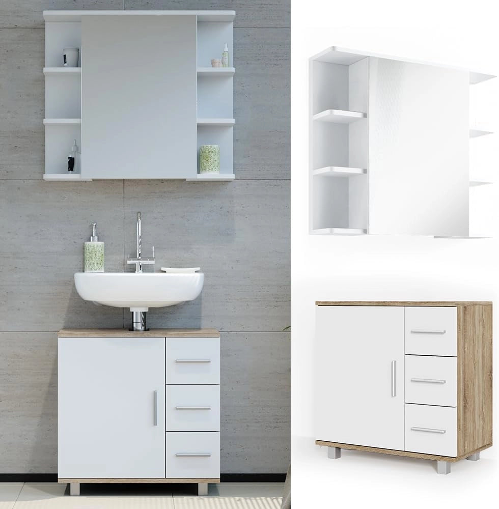 Set mobili bagno Ilias, Sonoma, 60 cm, composto da specchio da bagno e mobile sottolavabo