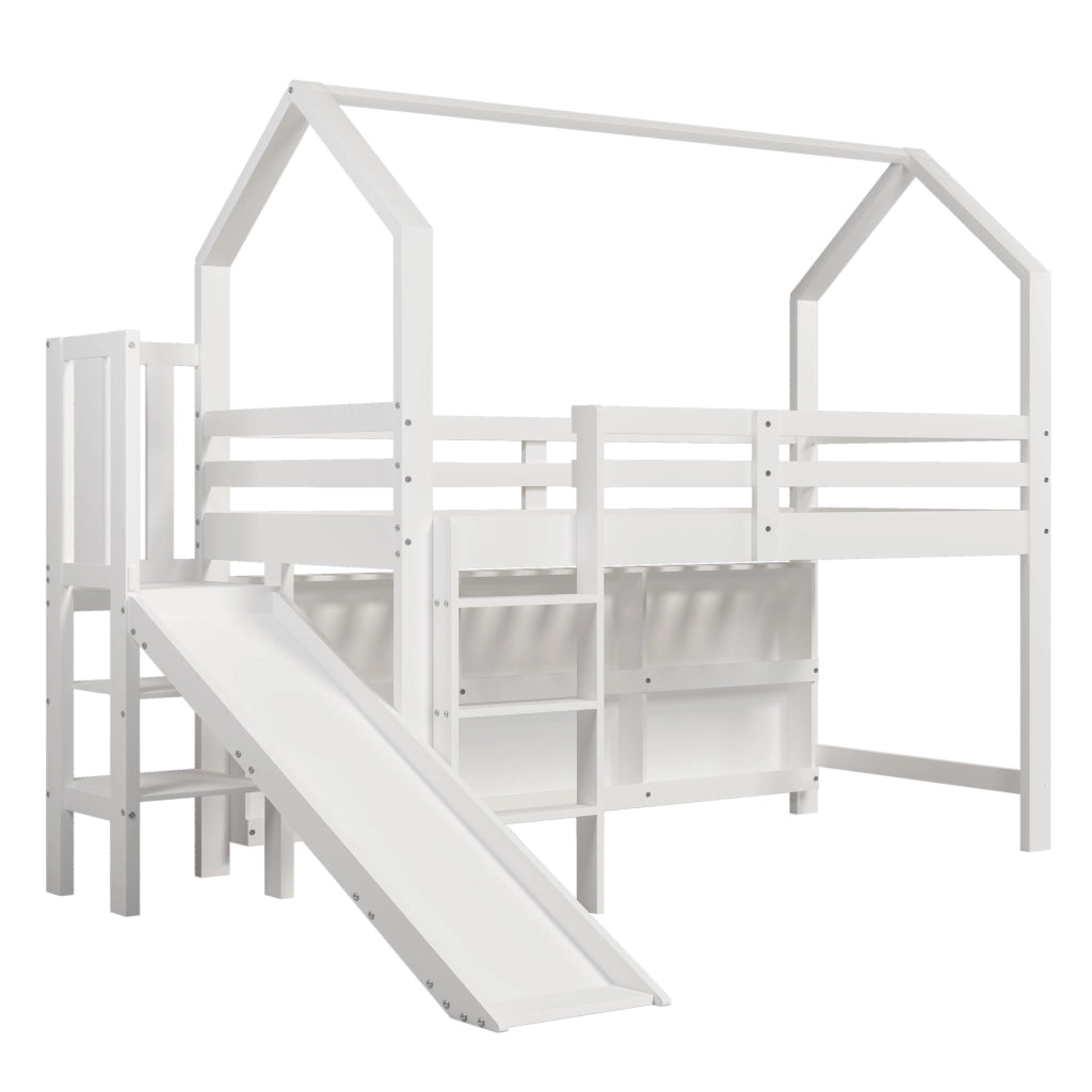 Letto singolo multifunzionale 90x200 cm con scivolo, armadietti e ripiani, bianco, senza materasso