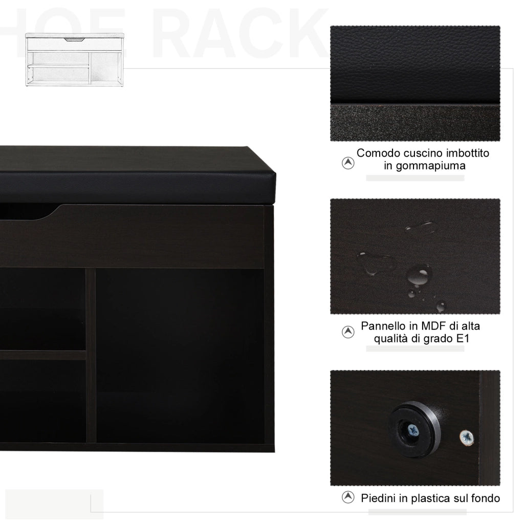 Scarpiera Salvaspazio da Ingresso Imbottita, Mobile da Ingresso con Scarpiera, con 3 Scomparti, Seduta in Pelle PU, per Soggiorno e Corridoio, 80x30x43 cm, Nero