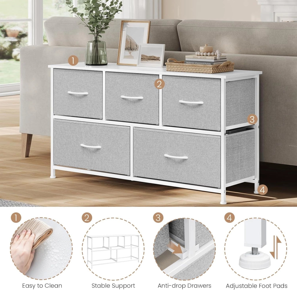 Cassettiera Camera da Letto, Cassettiera con 5 Cassetti a 2 Livelli in Tessuto, Mobile con Cassetti Industriale, Struttura in Metallo e Legno, Grigio Tortora + Bianco Nuvola