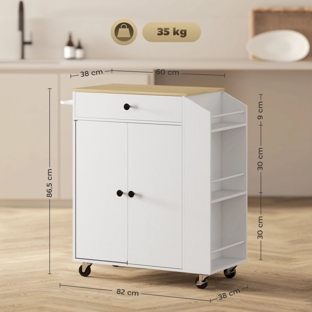 Carrello da Cucina con 1 Cassetto 2 Ante 3 Ripiani per Spezie e Portaasciugamani con Ruote per Cucina Bianco
