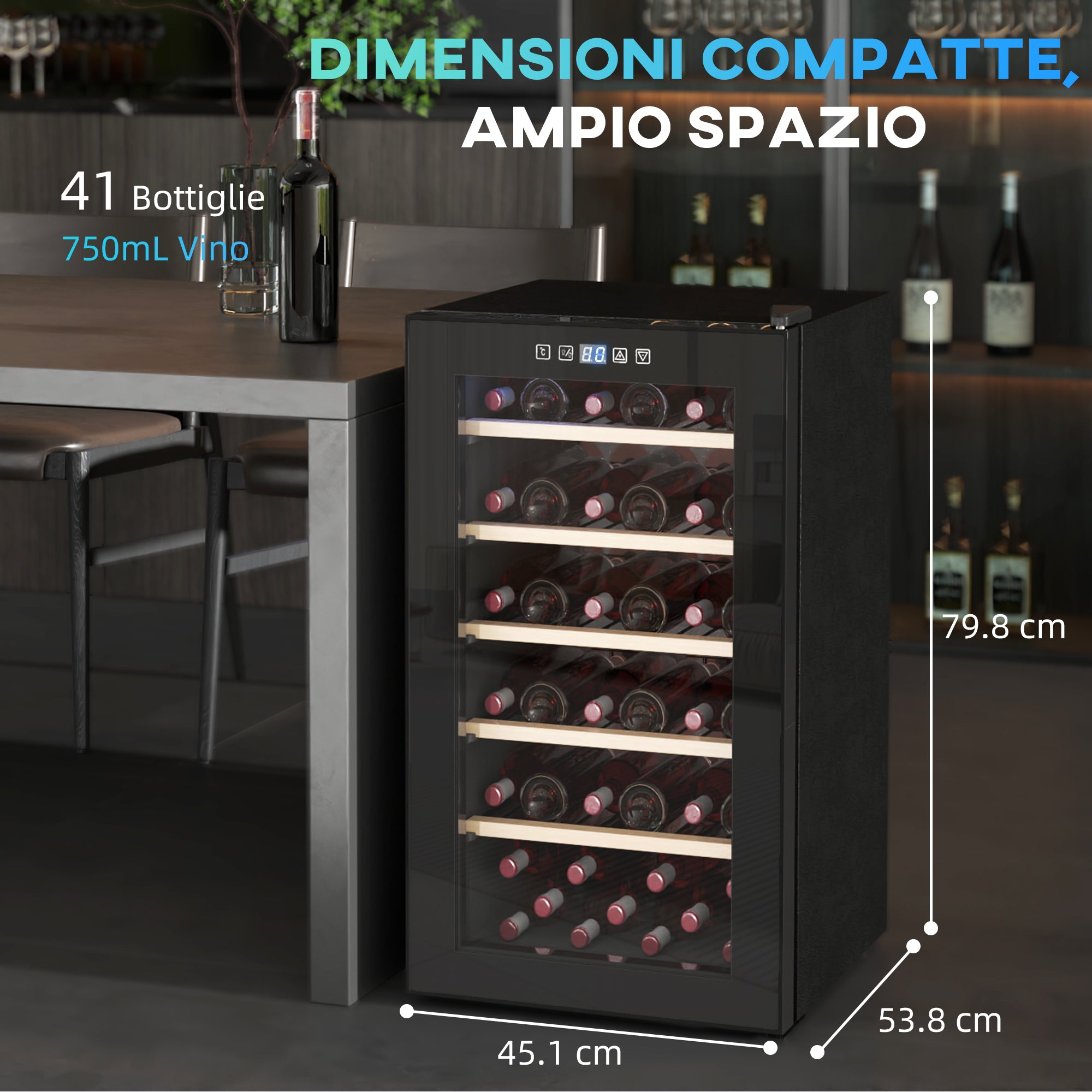 Cantinetta Vino Refrigerata per 41 Bottiglie Capacità 91L con Controllo Temperatura e Ripiani in Legno Nero