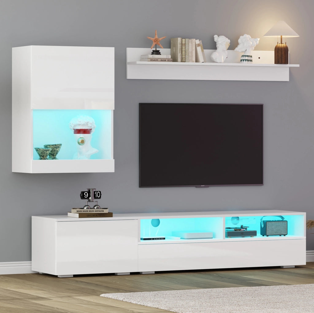 Set parete TV con LED e finitura lucida in truciolare bianco