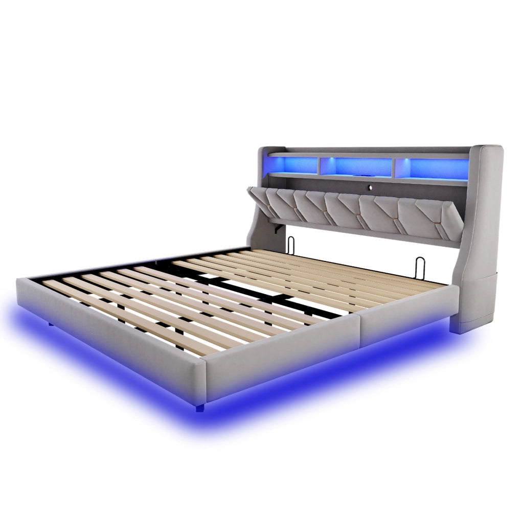 Letto imbottito 180x200 cm grigio chiaro in MDF e velluto con testiera contenitore