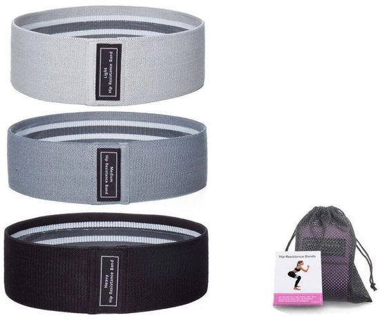 Elastici per allenamento - 3 pezzi - Inclusa tasca di stoccaggio - Bende di allenamento antiscivolo di tessuto - 3 livelli di resistenza - Bende di resistenza universali di tessuto Bende elastiche per allenamento, corpo, gambe, glutei, fitness, yoga