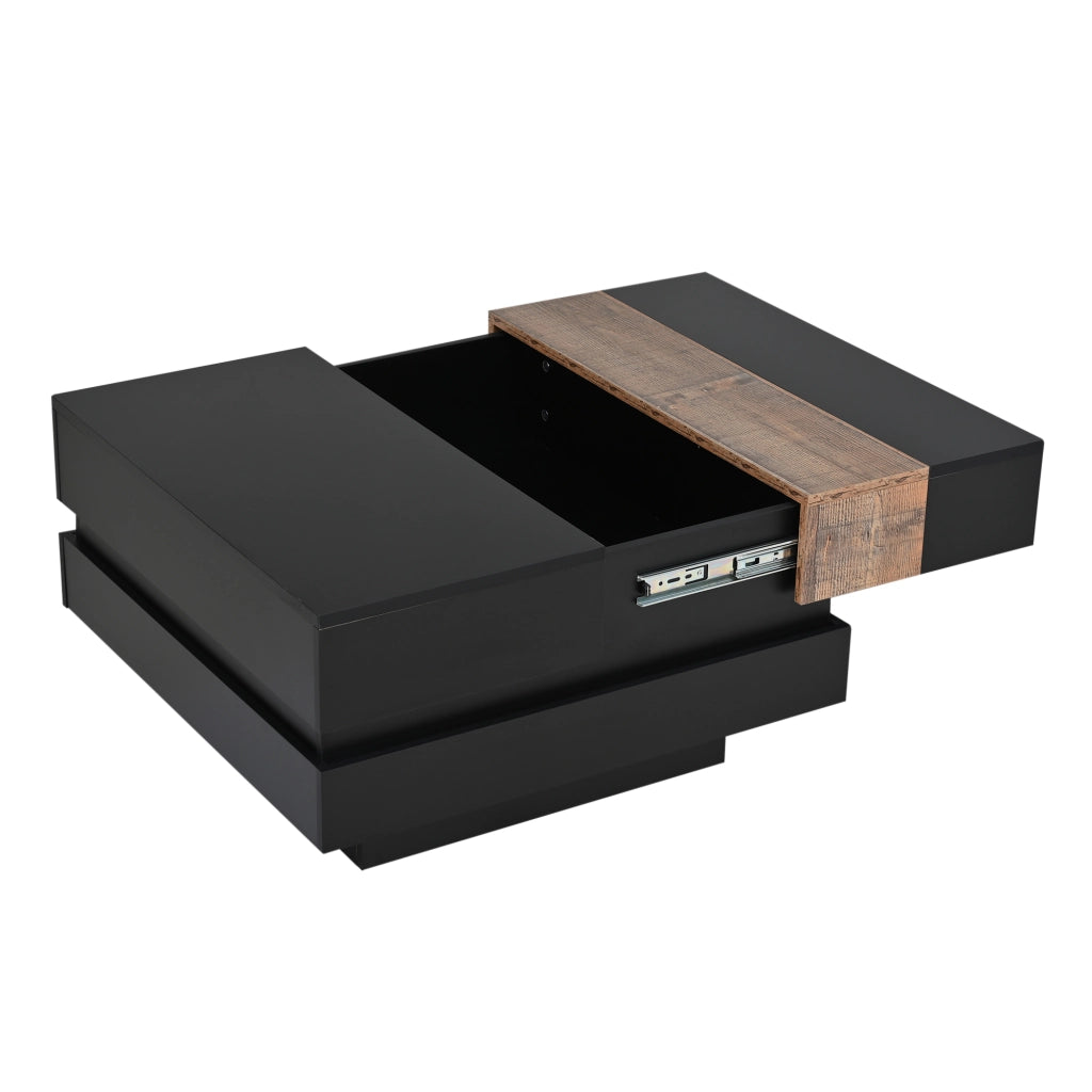 Tavolino da salotto quadrato estraibile - Zephmum- 70x70x39cm, design a blocchi di colore, finitura lucida, in MDF nero