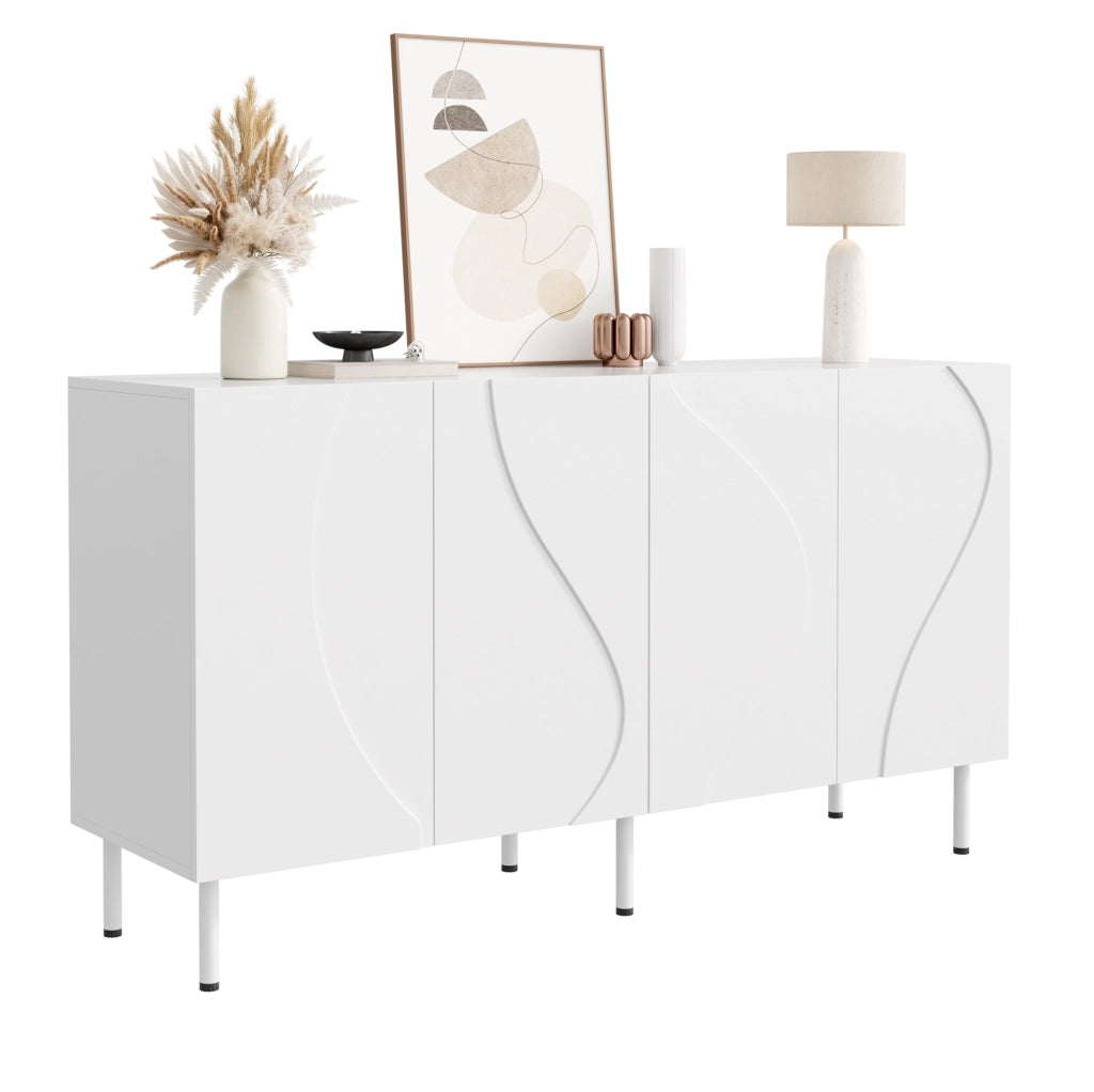Sideboard moderno bianco 140x40x77;5 cm in PB e MDF; 4 ante con apertura push-to-open