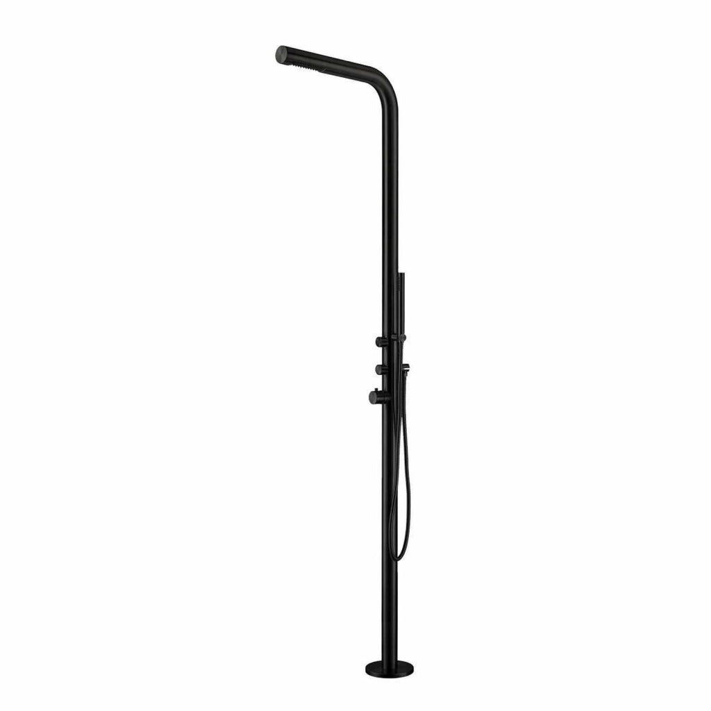 SINED Doccia Esterna Inox Nero Opaco con Miscelatore e Doccetta Corpo in Acciaio AISI 316L Fusto Ø 6 cm Ingresso Acqua Calda e Fredda Dal Basso 221 cm Modello DOCCIA BUDONI NERA