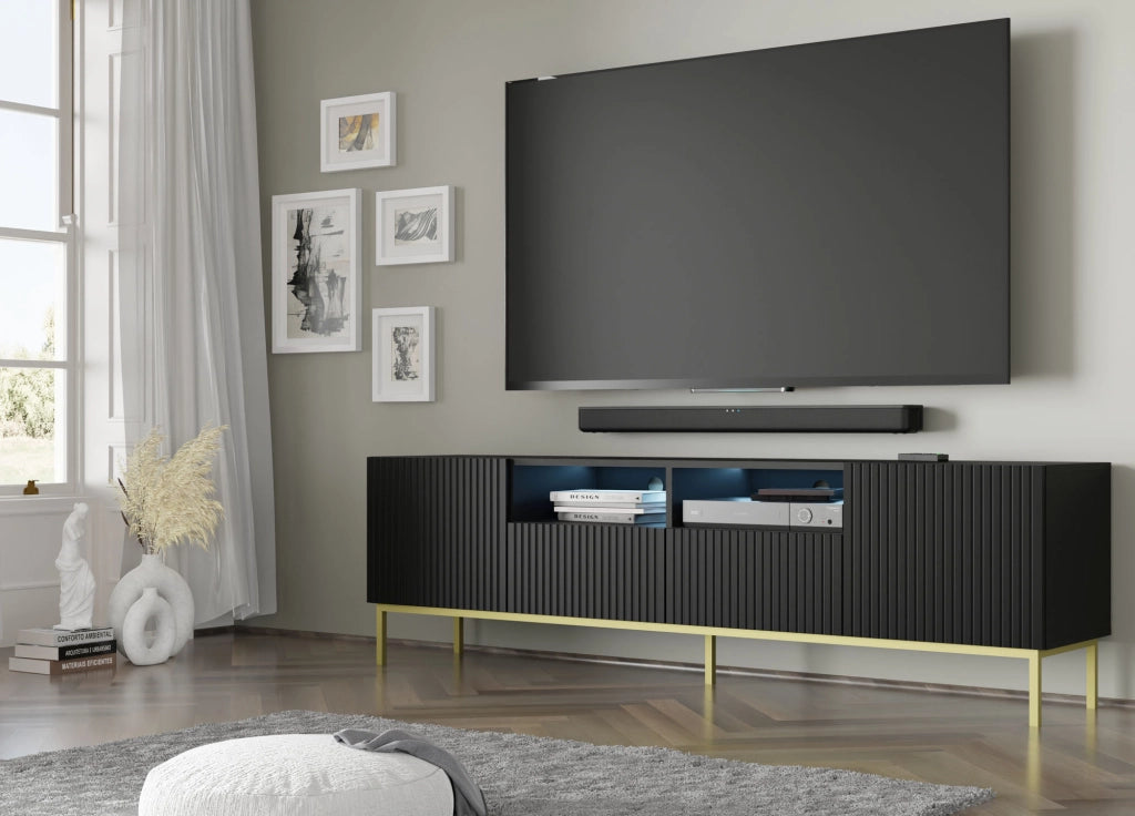 MOBILE RAVENNA BCK PORTA TV IN MDF RIVESTITO IN FOGLIO 2D2S 200 NERO OPACO STRUTTURA ORO