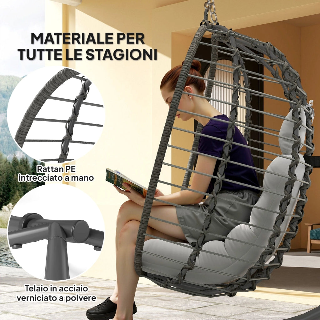 Amaca Poltrona Sospesa a Uovo Altezza Regolabile e Seduta Richiudibile in Rattan Grigio