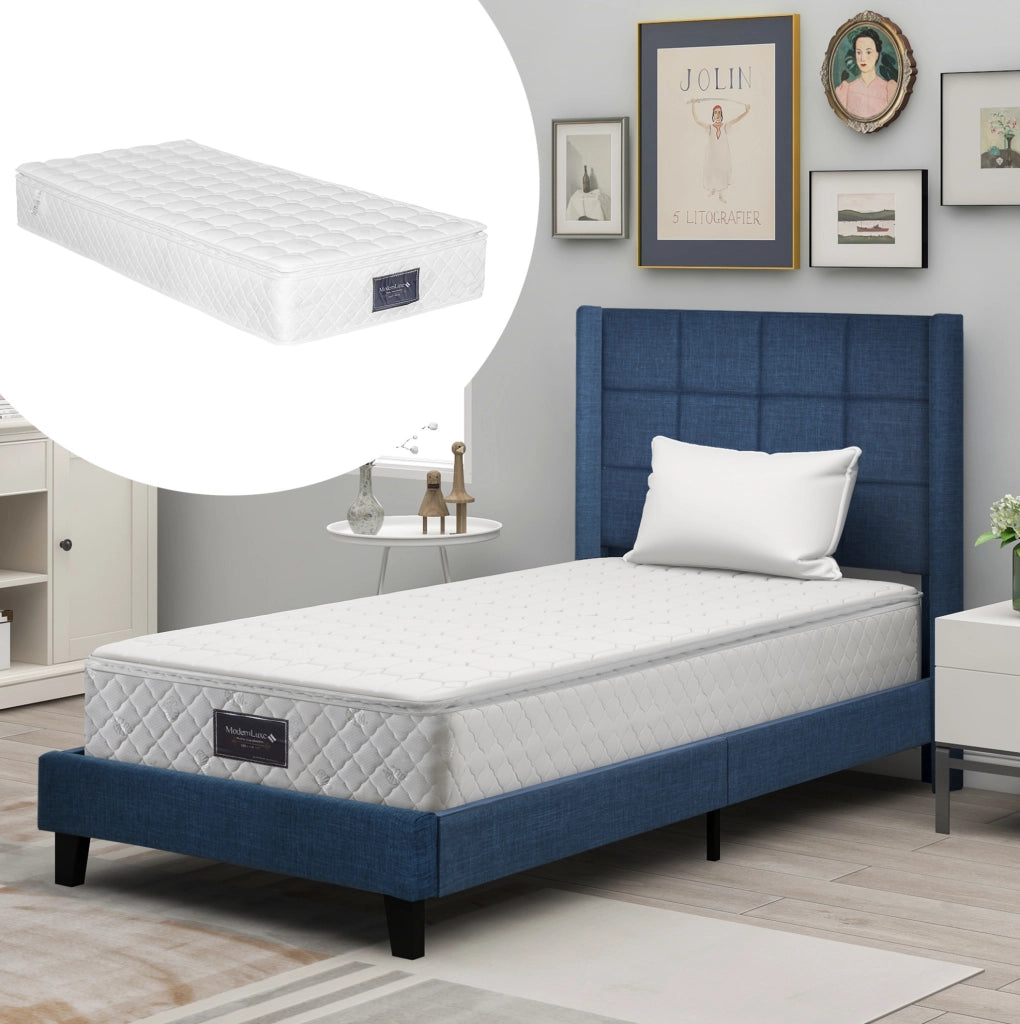 Letto imbottito singolo blu 90x200 cm con rete a doghe e materasso a molle insacchettate H3