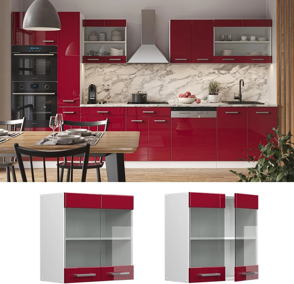 Mobile da cucina in vetro R-Line, Rosso lucido, 60 cm, per la libera combinazione all'interno di sistemi cucina modulari